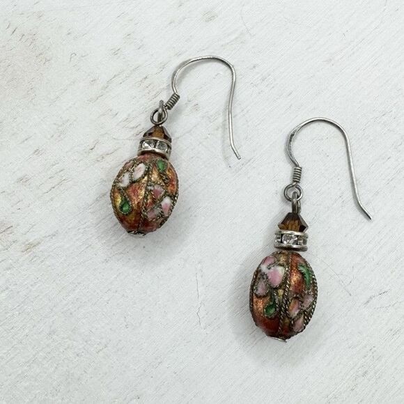 Vintage Cloisonne Dainty Drop Earrings Oval Bead Pink Red Sterling Silver - Picture 1 of 12